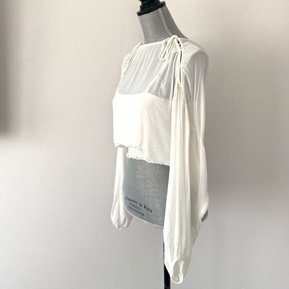 Anthropologie White Crop Sheer Blouse sz S Balloon Sleeve Romantic Feminine NWOT - Picture 2 of 13